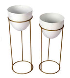 White Glossy With Golden Stand Metal Planter Set